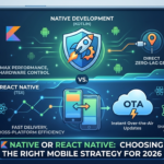 Comparison infographic between Native Android (Kotlin) and React Native mobile development styles, showing OTA updates and performance differences.